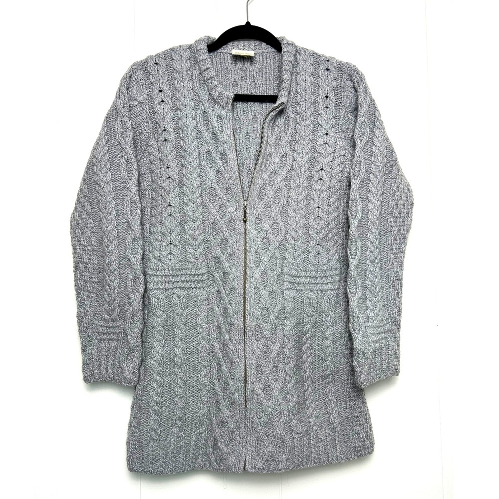 Kilronan Knitwear Irish 100% Merino Wool Cable Knit Zip Cardigan Sweater Gray‎ S